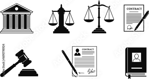 Law and justice icon set with courthouse, gavel, contract, legal book, balance scale, and signature for legal document design.