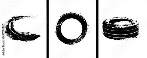 Grunge black and white set of car tire traces for urban design and vintage illustration
