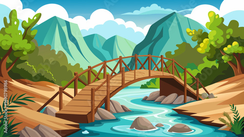 Vector art of a picturesque cartoon landscape featuring a wooden bridge over a flowing river, with mountains, trees, and a serene sky in the background, creating a peaceful scene
