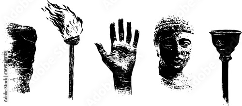 Grunge black and white illustration set featuring ancient cave artifacts