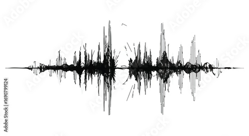 Dynamic abstract sound wave visualization in black and white, representing audio or data.