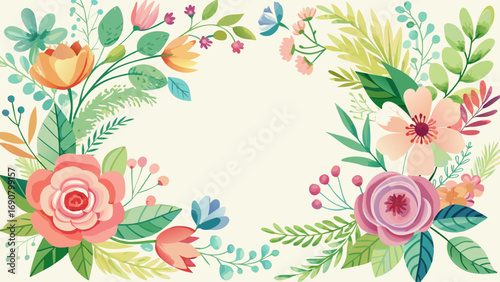 Vector art of charming floral frame with delicate flowers and verdant leaves, perfect for wedding invitations, greeting cards, and various creative projects
