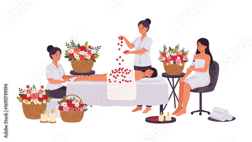 Three women arranging vibrant floral bouquets and petals at a table for a special event or spa treatment