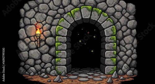 A pixel art stone archway entrance with torches, moss, and a dark opening, creating a mysterious and atmospheric fantasy scene