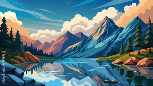 Vector art of scenic mountain landscape with a tranquil lake reflecting the sky, surrounded by lush forests and rocky shores, creating a serene and picturesque view