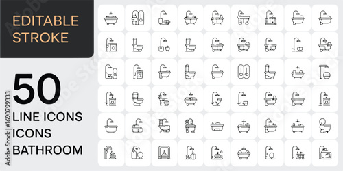 A minimalist vector illustration icon set featuring various bathroom elements, including plumbing, hygiene items, and fixtures like a shower and mirror, rendered in a sleek, modern style.