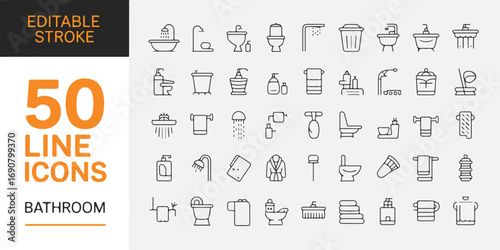 A minimalist vector illustration icon set featuring various bathroom elements, including plumbing, hygiene items, and fixtures like a shower and mirror, rendered in a sleek, modern style.
