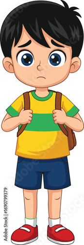 Cartoon vector of sad schoolboy with backpack wearing striped shirt and blue shorts, emotional child character for educational content design