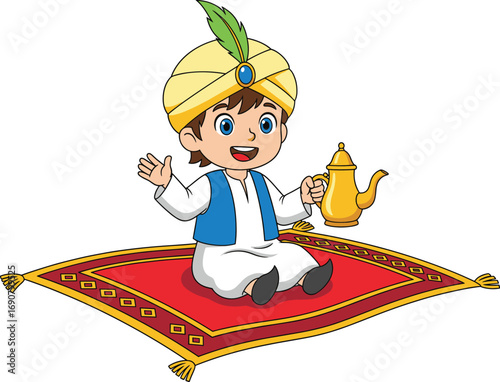 Cartoon vector of smiling Arabian boy on flying carpet holding golden lamp, folklore fantasy character for children’s magical adventure content