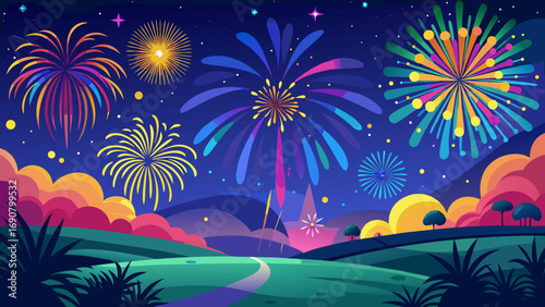 Vector art of a colorful fireworks display lights up the night sky above a serene landscape, with vibrant bursts illuminating the path and creating a magical scene