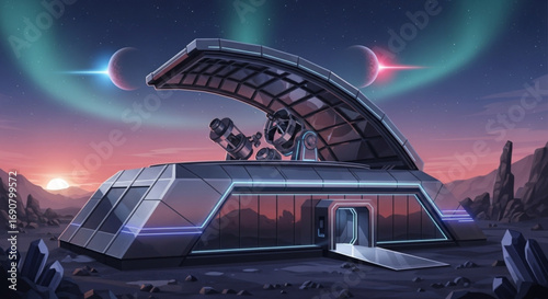 Futuristic observatory on an alien planet with aurora borealis and two moons, showcasing advanced technology and space exploration concept