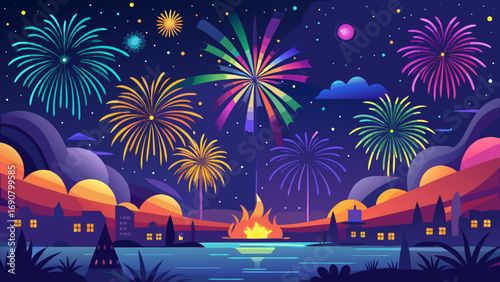 Vector art of a vibrant display of fireworks illuminates the night sky over a tranquil lake, reflecting the colorful bursts and creating a festive atmosphere