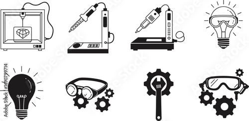 Maker tools vector set, 3D printer, soldering station, safety goggles, gear, bulb icon, engineering, innovation, DIY concept art