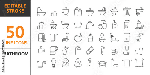 A minimalist vector illustration icon set featuring various bathroom elements, including plumbing, hygiene items, and fixtures like a shower and mirror, rendered in a sleek, modern style.