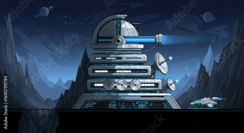 Futuristic space station on an alien planet with a spaceship, showcasing advanced technology and space exploration concept