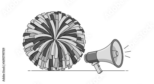 A large cheerleading pom pom next to a megaphone amplifying the sound of cheering and encouragement