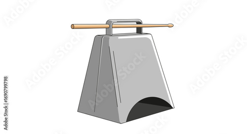 A gray cowbell percussion instrument mounted on a metal frame with a wooden stick resting above it