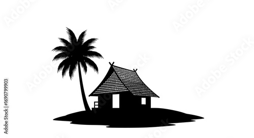Tropical island hut silhouette with palm tree and ocean waves beneath a starry night sky