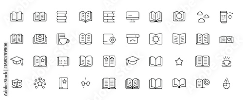 A modern line art icon collection of various books and journals. The vector graphics feature adjustable stroke widths, allowing for complete customization and scalable, high-quality illustrations.