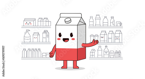 A cartoon milk carton character posing playfully in a grocery store aisle displaying various beverages