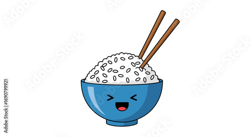 Adorable cartoon rice bowl with happy face and chopsticks illustration
