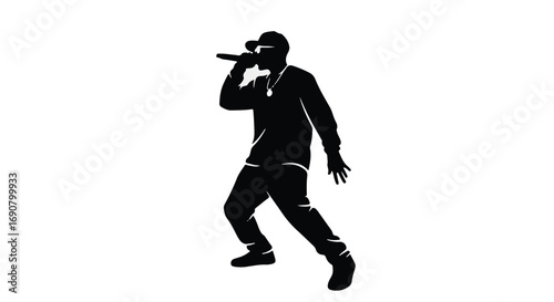 Dynamic rapper silhouette performing with microphone in energetic pose