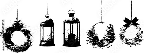 Grunge black and white christmas lanterns and wreaths design for holiday decor