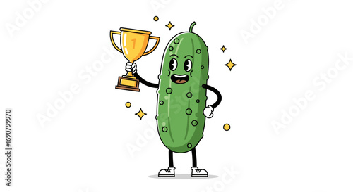 Award winning cartoon character pickle holding a golden trophy with sparkles flying around him