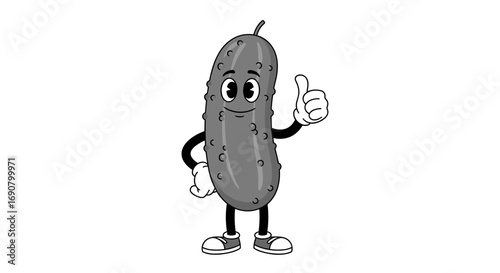 Vintage cartoon pickle giving a thumbs up gesture with a big smile showing approval and positivity in a whimsical retro style