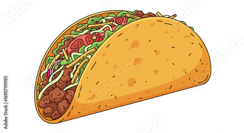 Delicious ground beef taco filled with fresh lettuce shredded cheese diced tomatoes and onions in a crunchy shell