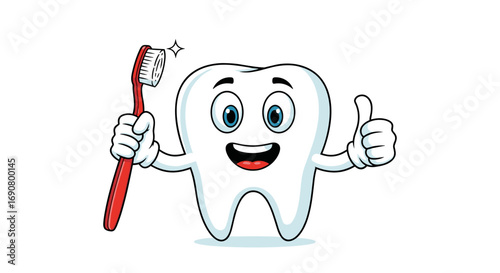 Happy cartoon tooth character holding a toothbrush and giving a thumbs up for dental hygiene