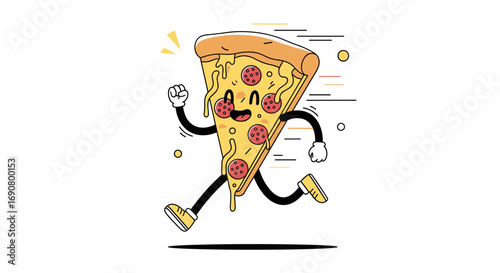 Whimsical pepperoni pizza slice character running energetically animated style