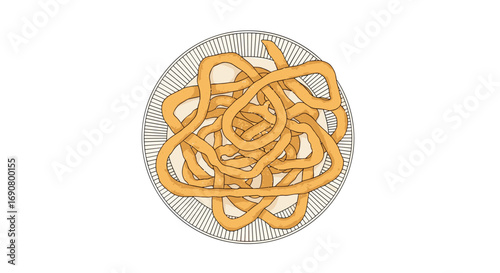 Artistic overhead view of golden crispy fried onion rings stacked neatly on a white plate