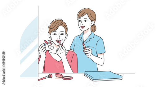 Woman applying lipstick in front of a mirror with a makeup artist assisting her with a cosmetic product