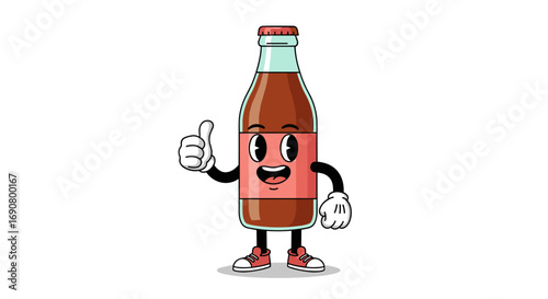 Retro style cartoon bottle character giving a thumbs up gesture fun and engaging beverage illustration