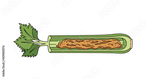 Celery stalk hollowed out and filled with a paste like substance in a cross section view showing details