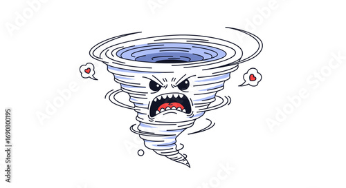 An angry cartoon tornado character with a swirling vortex and fierce expression