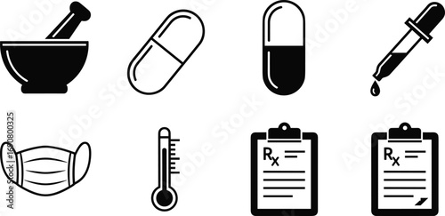Medical icons set including mortar pestle, capsules, medicine dropper, face mask, thermometer, prescription clipboard, health care, pharmacy, medicine symbols, treatment, safety.