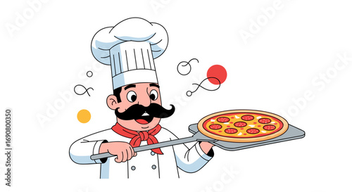 A cheerful italian chef presents a delicious pepperoni pizza straight from the oven