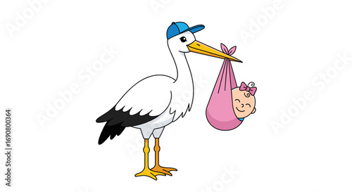 A cheerful stork wearing a blue cap delivers a precious baby girl swaddled in a pink blanket illustration