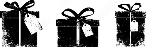 Grunge black and white gift box set with bows and tags