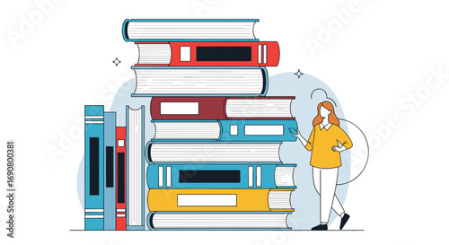 A woman stands next to a tall stack of colorful books suggesting a vast amount of knowledge and learning opportunities available