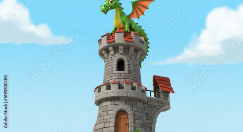 Cartoon dragon on a medieval tower against a blue sky, showcasing fantasy and fairytale elements, perfect for childrens illustration