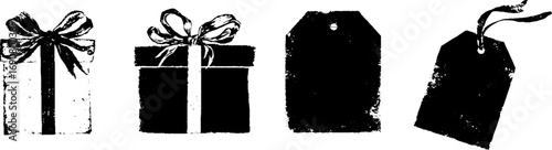 Grunge black and white gift and tag illustration set for holiday design and decoration