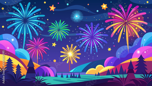 Vector art of a vibrant fireworks display illuminates the night sky over a stylized landscape with trees, hills, and stars, creating a festive atmosphere