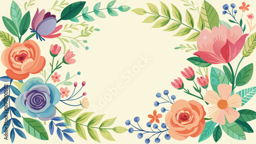 Vector art of watercolor floral frame with roses, leaves, and berries, creating a beautiful and delicate border for invitations, cards, or other designs