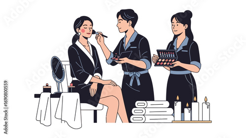 Professional makeup artist applying cosmetics to a model while an assistant holds a makeup palette and brushes in a studio setting