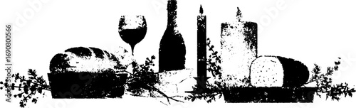 Grunge black and white illustration of wine, bread, and cheese for rustic dining theme