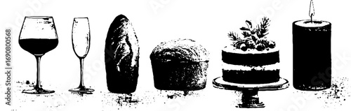 Black and white grunge illustration of wine glasses and bread with cake and candle