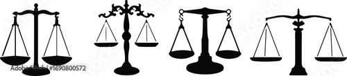 Four Distinct Black Silhouette Scale Vectors Representing Justice, Fairness, Law, Balance, Equality, Legal Symbolism, Weighing, Decision-Making Concepts